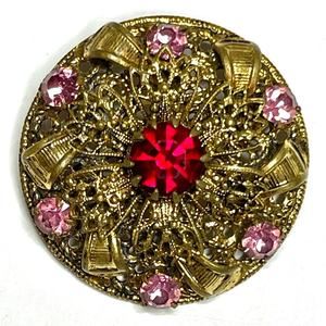 Czech Brooch Red Pink Gold Vtg Estate Jewelry Vintage N20